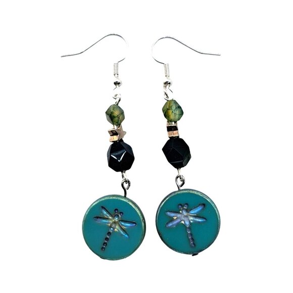 Handmade Czech glass Dragonfly faceted agate silver tone earwires 1-3/4" - Picture 1 of 3